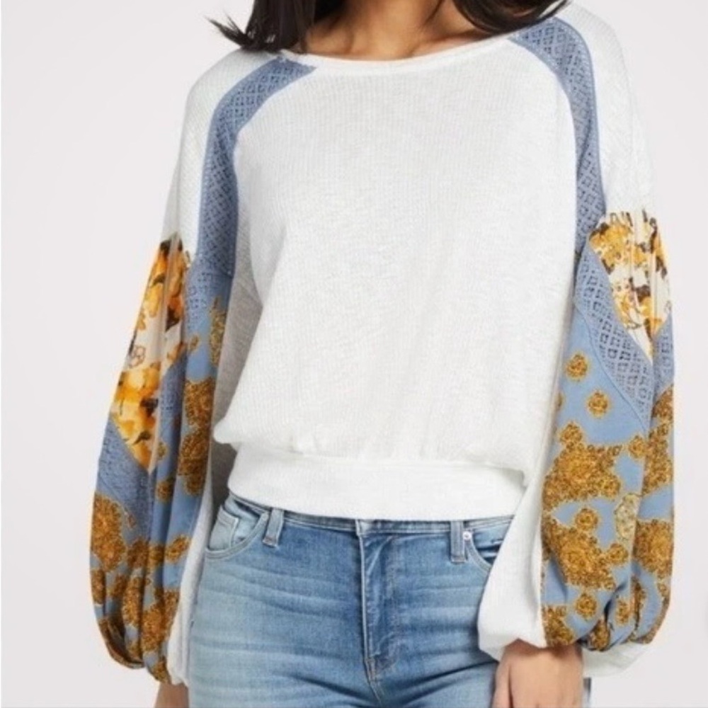 Free People Casual Clash Top Balloon Sleeve M Waffle Knit Thermal White Floral